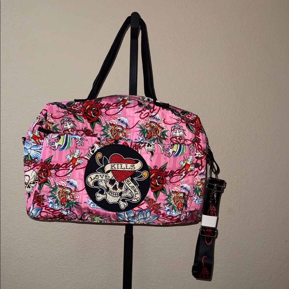 NWT $127 Ed Hardy Duffle Bag Tote Pink Rose Tiger Love Kills Slowly Bling Patch